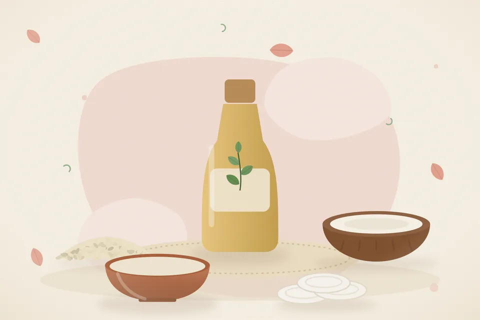 Illustrated still life with sesame seeds, coconut.