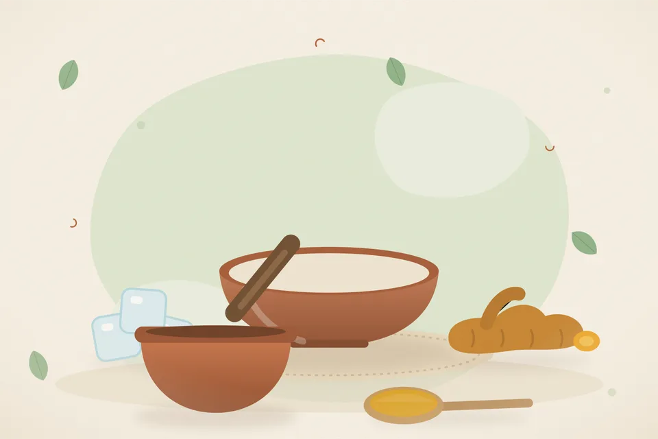Illustrated still life with ice, turmeric root.