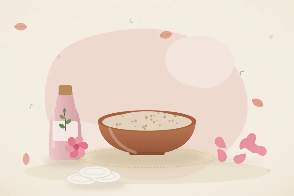 Illustrated still life with rose water, rose petals.