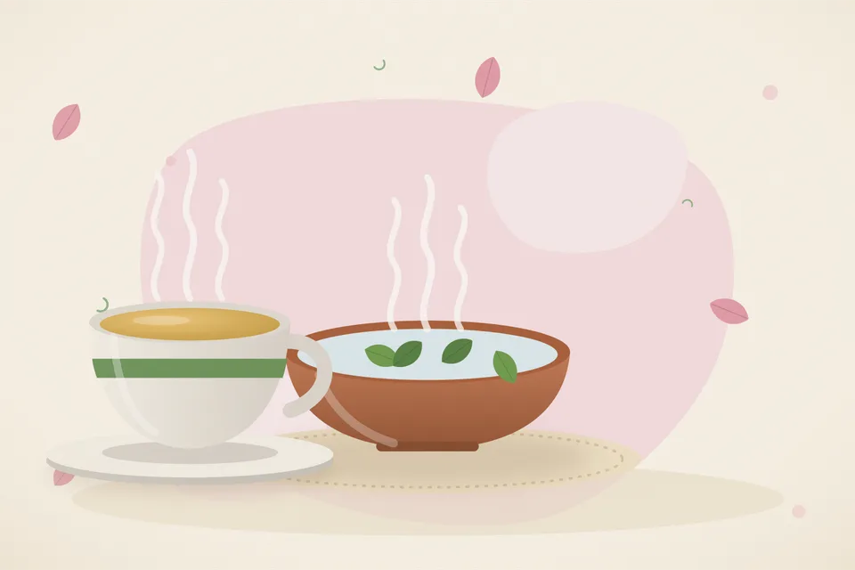 Illustrated Ayurvedic kitchen still life with a bowl, glass and traditional utensils.