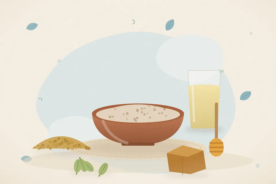 Illustrated still life with fenugreek seeds, honey, cardamom, jaggery.