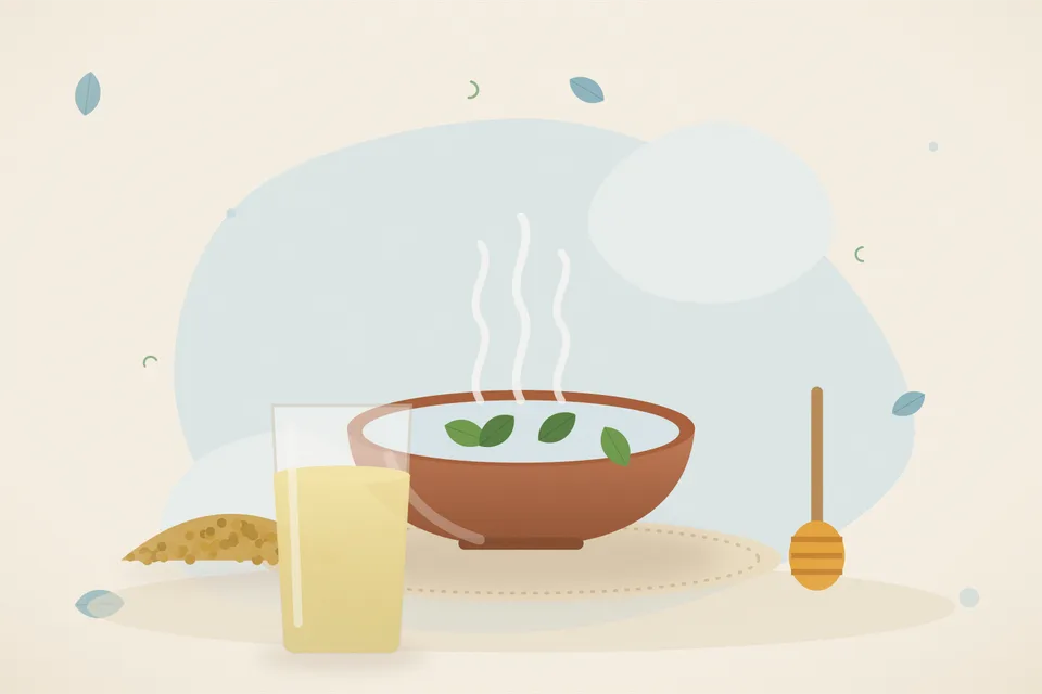 Illustrated still life with fenugreek seeds, honey.