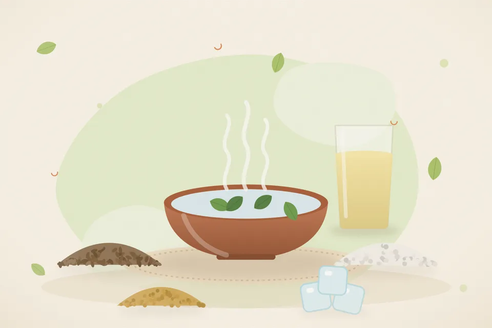 Illustrated still life with cumin seeds, rock salt, fenugreek seeds, ice.