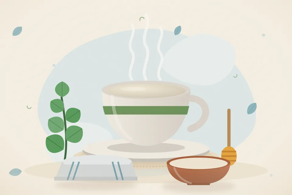 Illustrated still life with mint leaves, honey.