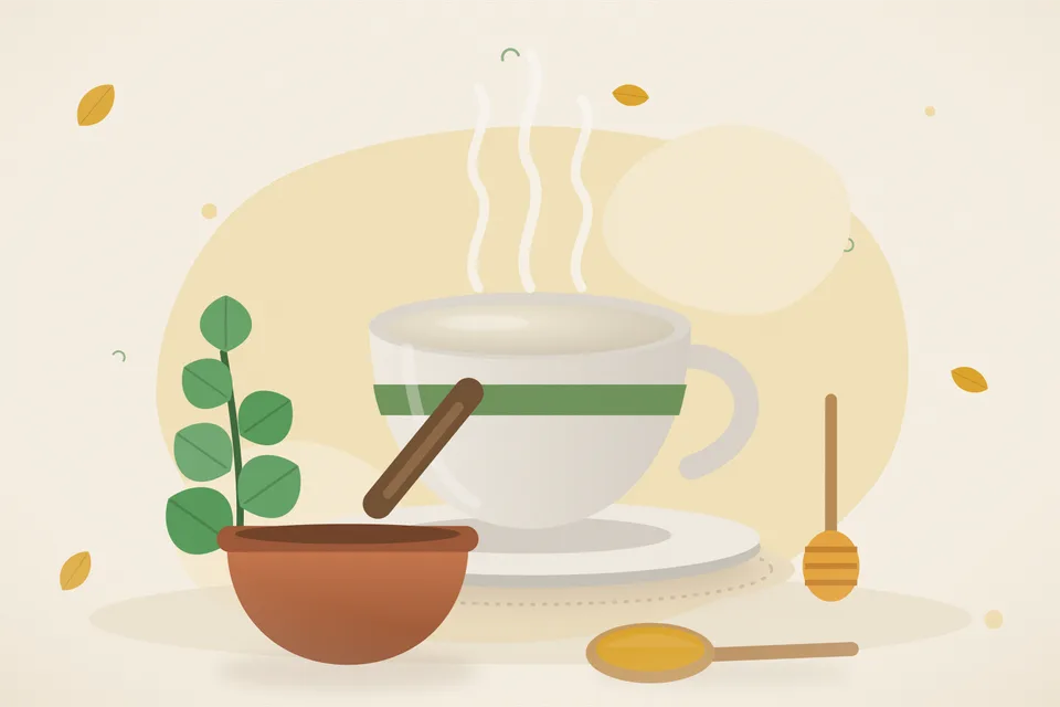 Illustrated still life with mint leaves, honey.