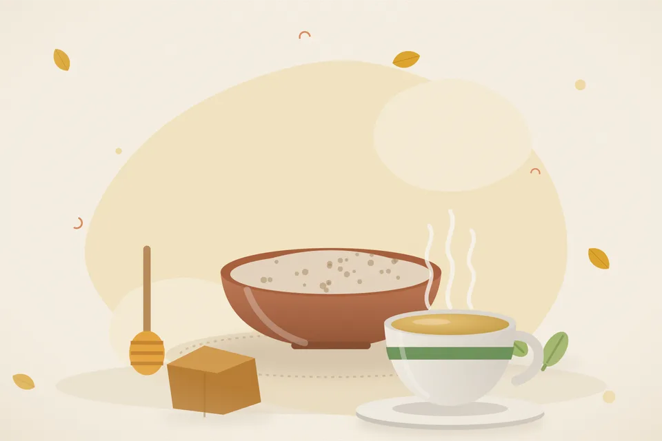 Illustrated still life with honey, cardamom, jaggery.