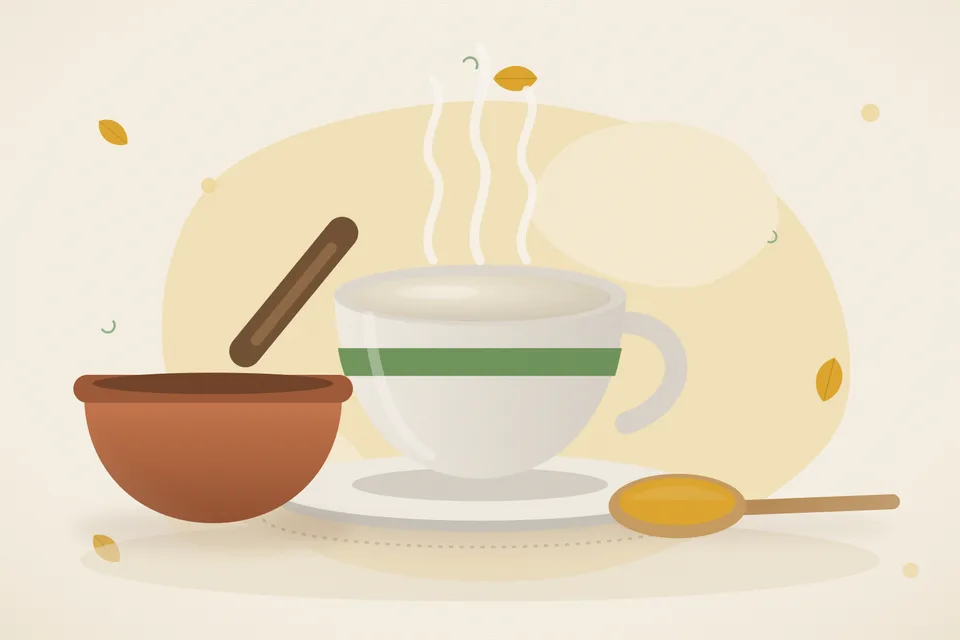 Illustrated Ayurvedic kitchen still life with a bowl, glass and traditional utensils.