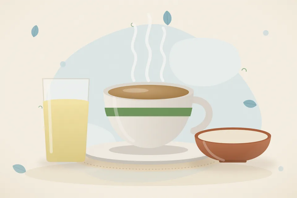 Illustrated Ayurvedic kitchen still life with a bowl, glass and traditional utensils.