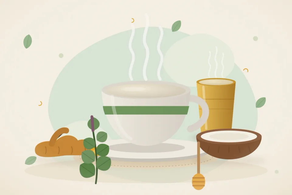 Illustrated still life with turmeric root, coconut, tulsi leaves, honey.