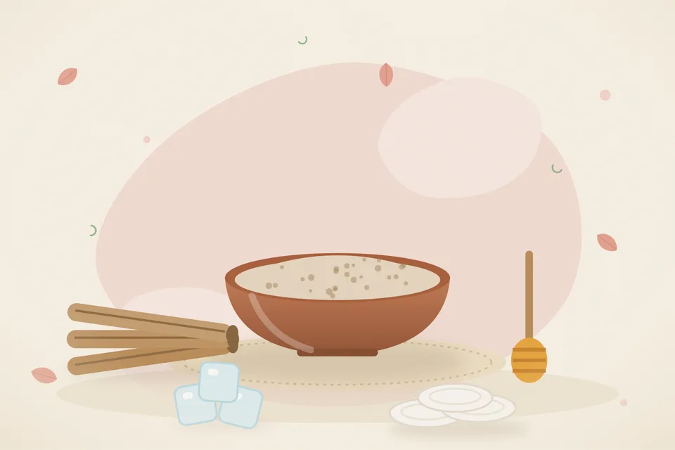 Illustrated still life with mulethi root, honey, ice.