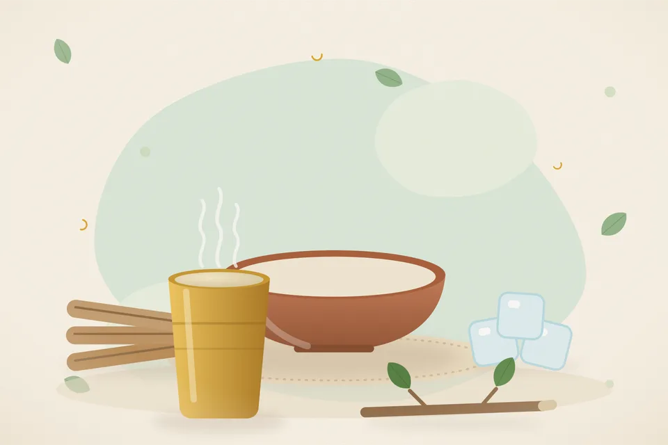 Illustrated still life with mulethi root, ice.