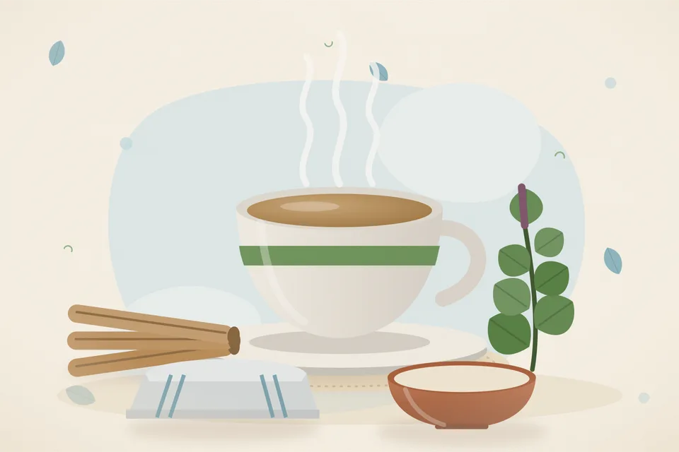 Illustrated still life with mulethi root, tulsi leaves.