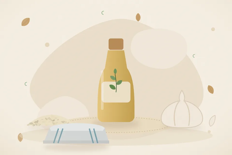 Illustrated still life with sesame seeds, garlic.