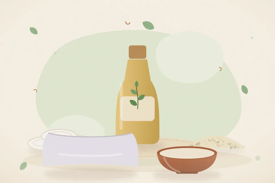 Illustrated still life with cotton pads, sesame seeds, a soft pillow.