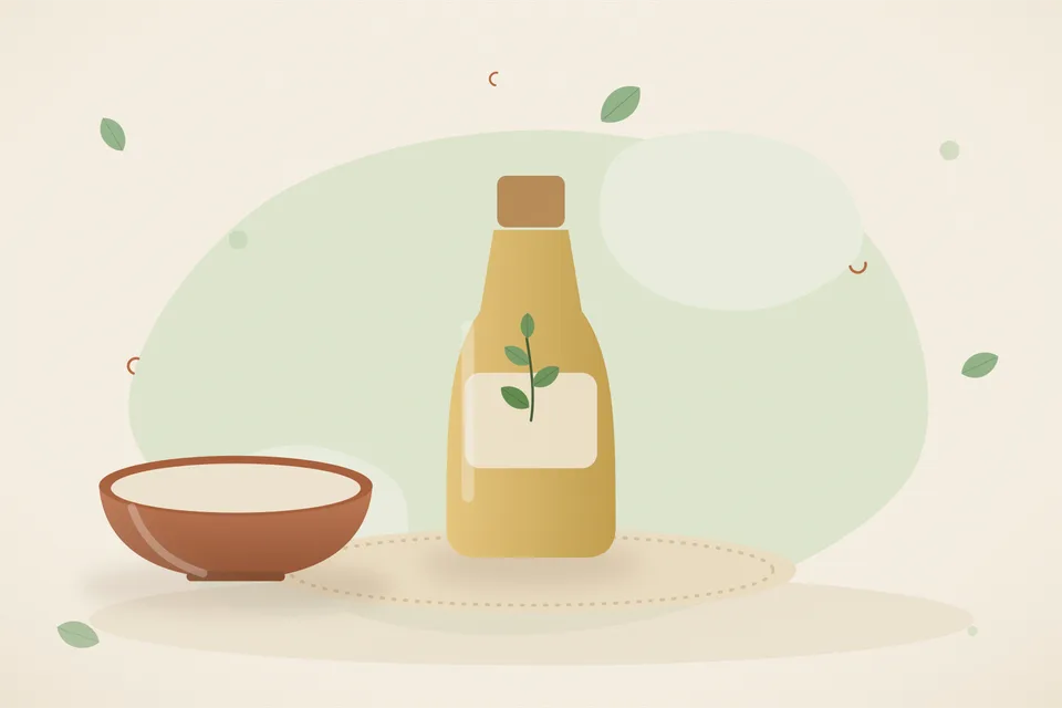 Illustrated Ayurvedic kitchen still life with a bowl, glass and traditional utensils.