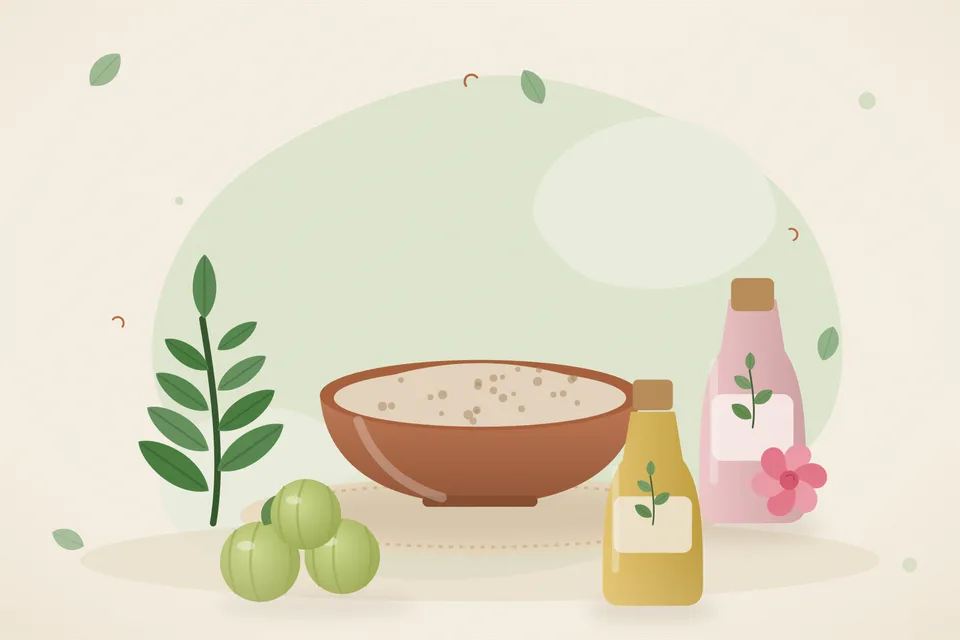 Illustrated still life with neem leaves, rose water, amla.