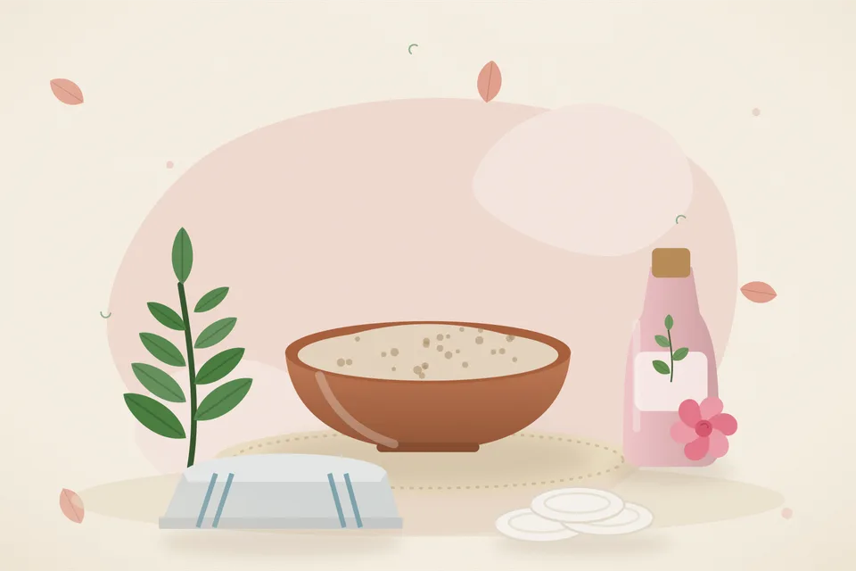 Illustrated still life with neem leaves, rose water, a folded cloth.