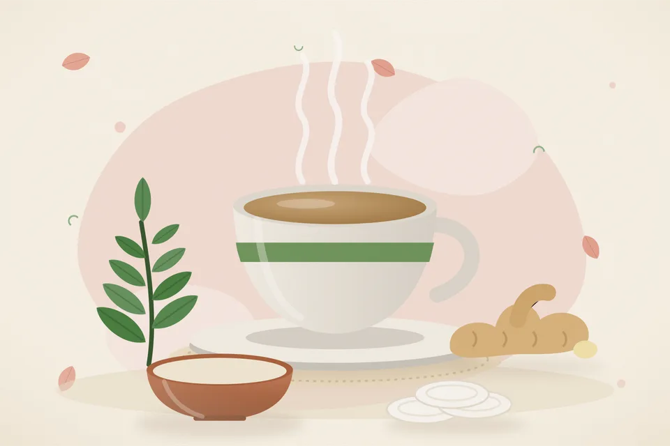 Illustrated still life with neem leaves, fresh ginger.