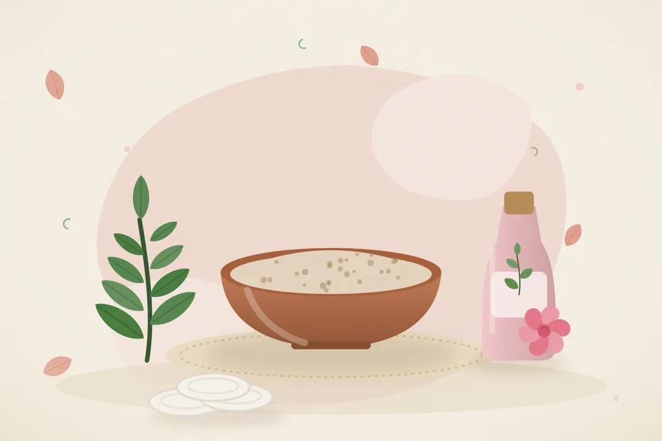 Illustrated still life with neem leaves, rose water.