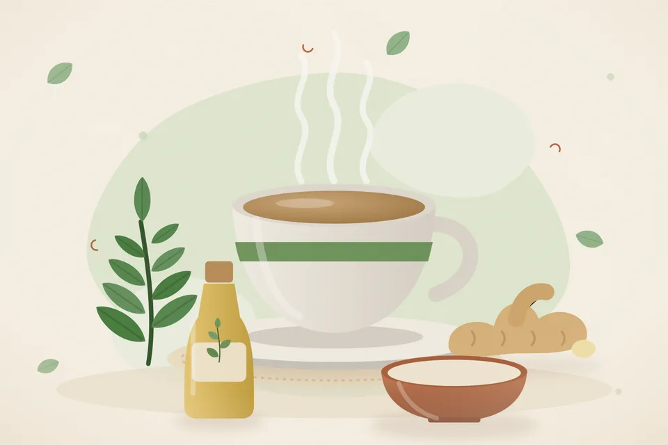 Illustrated still life with neem leaves, fresh ginger.