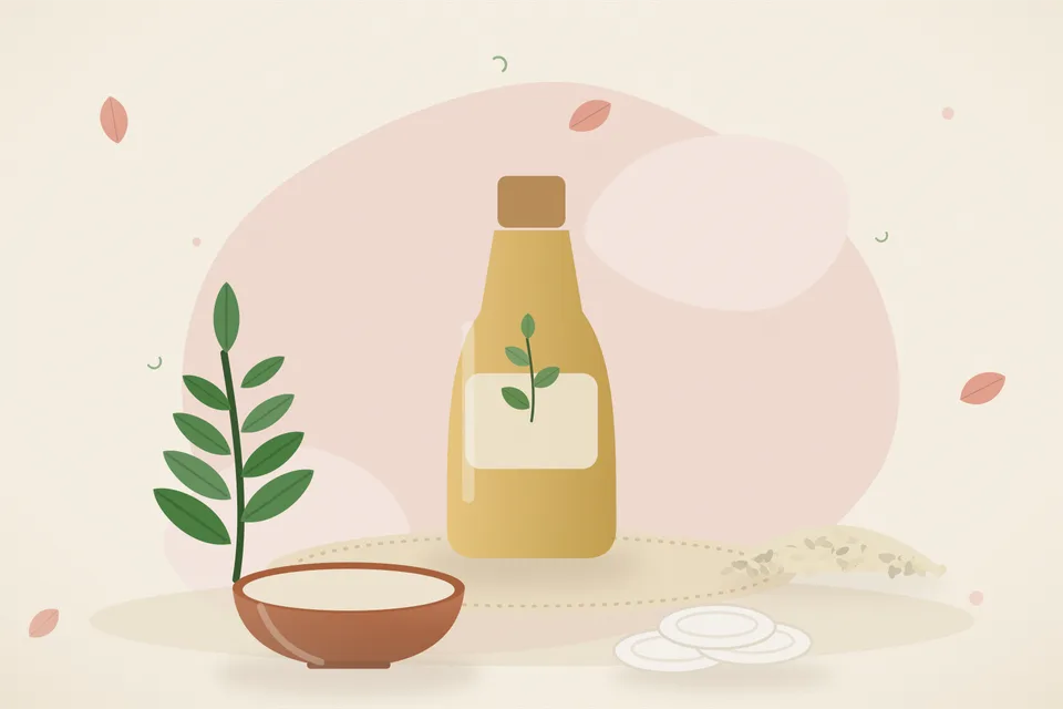 Illustrated still life with neem leaves, sesame seeds.