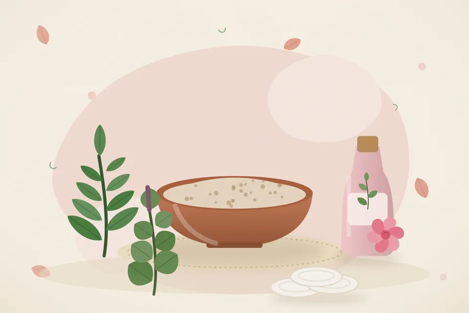 Illustrated still life with neem leaves, rose water, tulsi leaves.