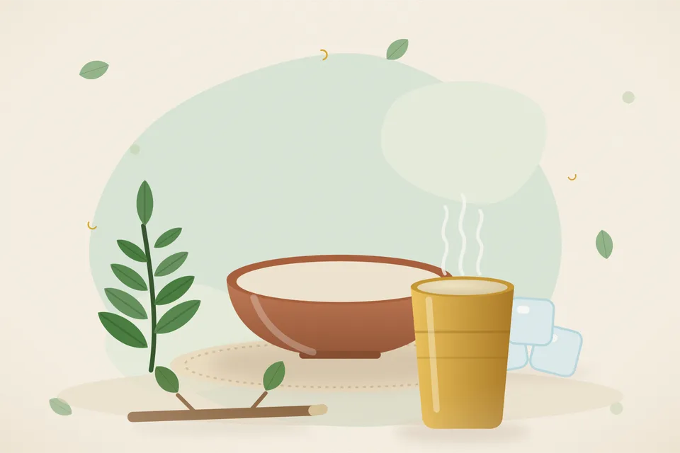 Illustrated still life with neem leaves, ice, a neem twig.