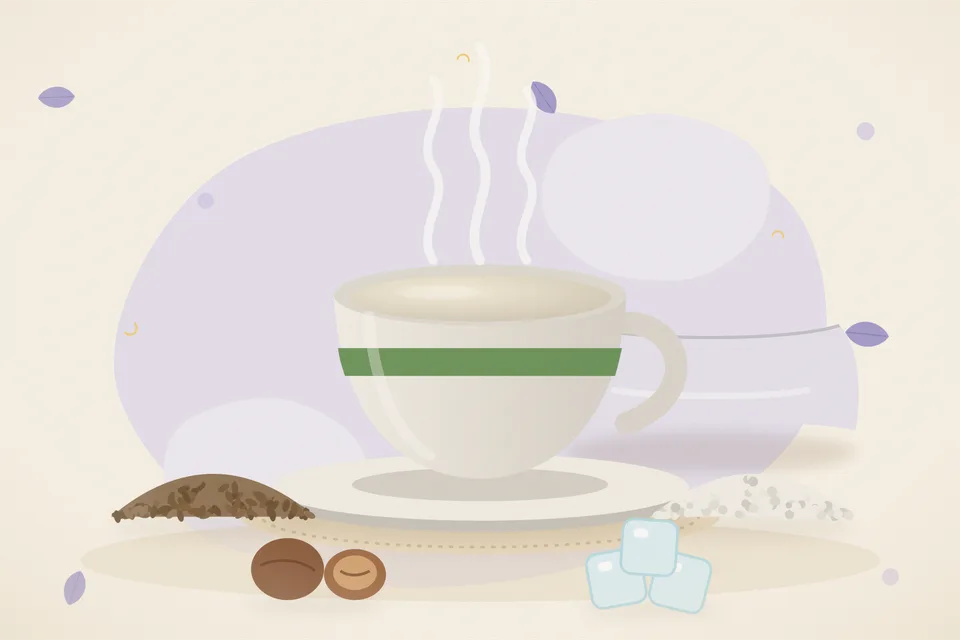 Illustrated still life with cumin seeds, rock salt, nutmeg, ice.