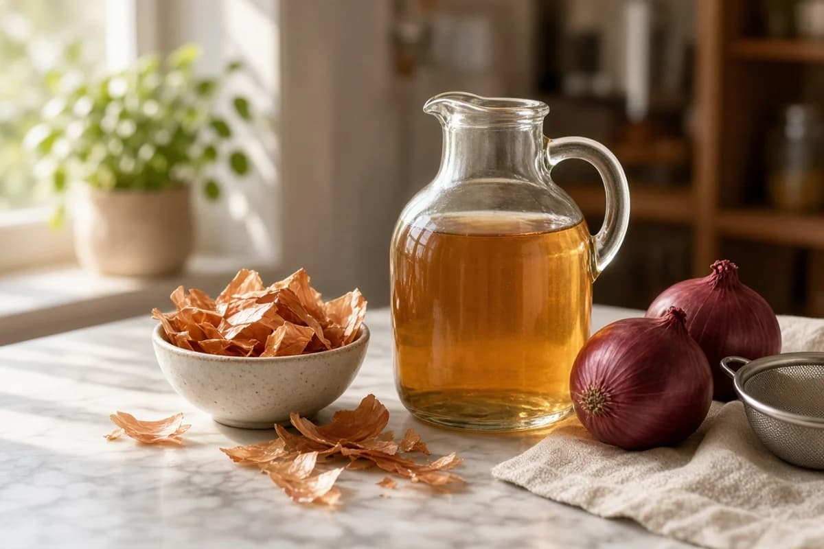 फोटो में प्याज़ के छिलकों के सुनहरे पानी का काँच का जग, पास में सूखे छिलकों की कटोरी और साबुत लाल प्याज़।