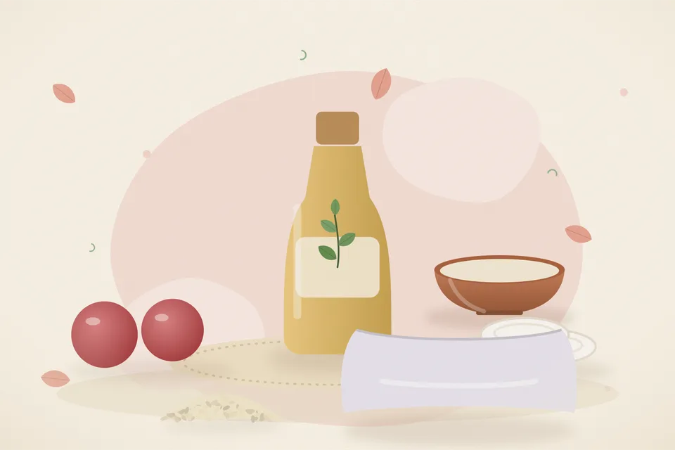 Illustrated still life with pomegranate, cotton pads, sesame seeds, a soft pillow.
