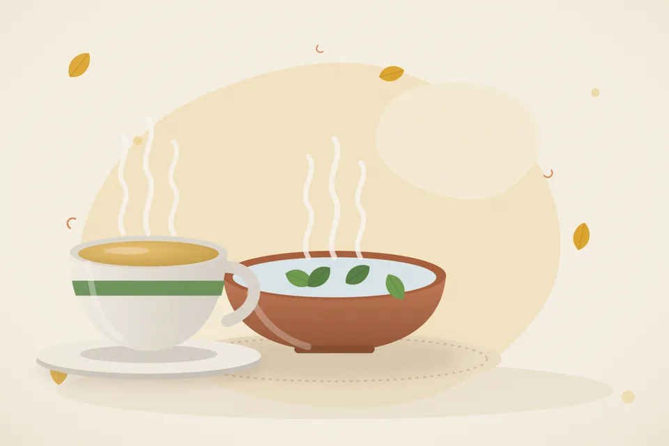 Illustrated Ayurvedic kitchen still life with a bowl, glass and traditional utensils.
