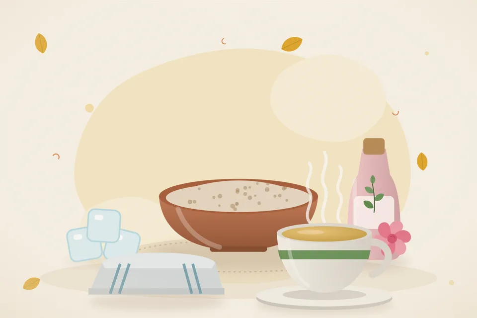 Illustrated still life with ice, rose water, a folded cloth.