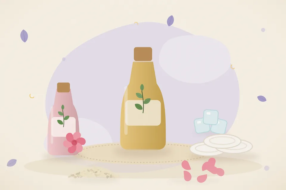 Illustrated still life with rose water, cotton pads, sesame seeds, rose petals, ice.