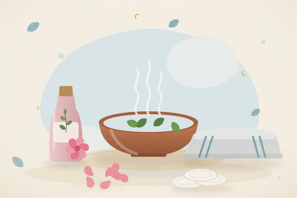 Illustrated still life with rose water, a folded cloth, rose petals.
