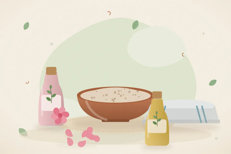 Illustrated still life with rose water, a folded cloth, rose petals.