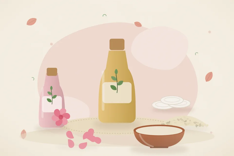 Illustrated still life with rose water, sesame seeds, rose petals.