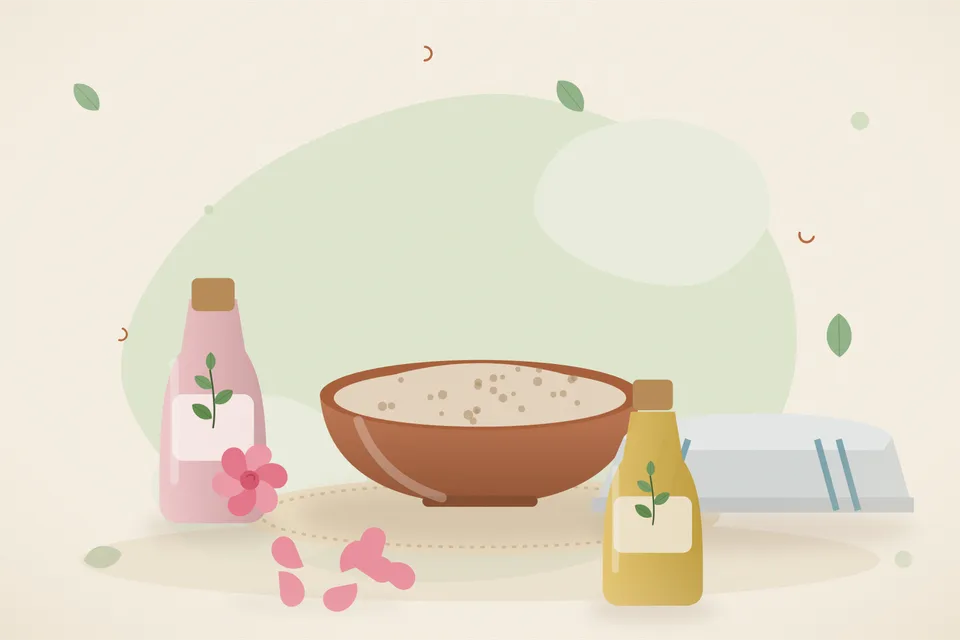 Illustrated still life with rose water, a folded cloth, rose petals.