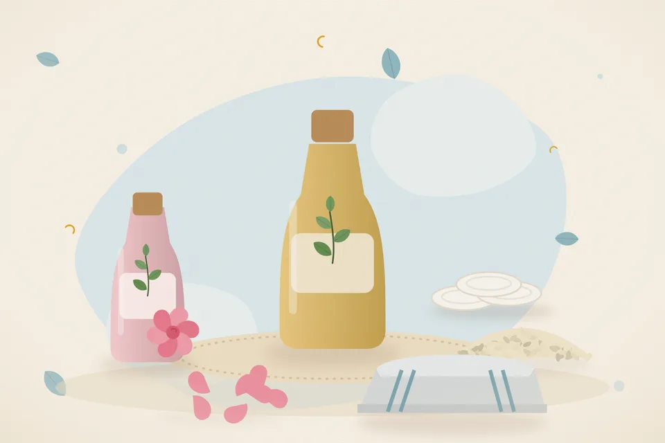 Illustrated still life with rose water, sesame seeds, rose petals.