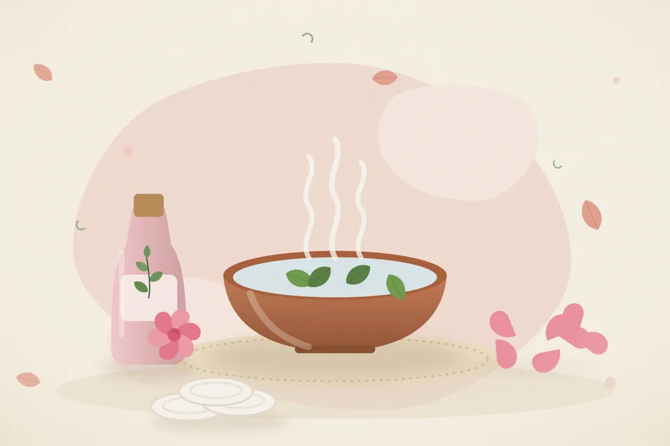 Illustrated still life with rose water, rose petals.