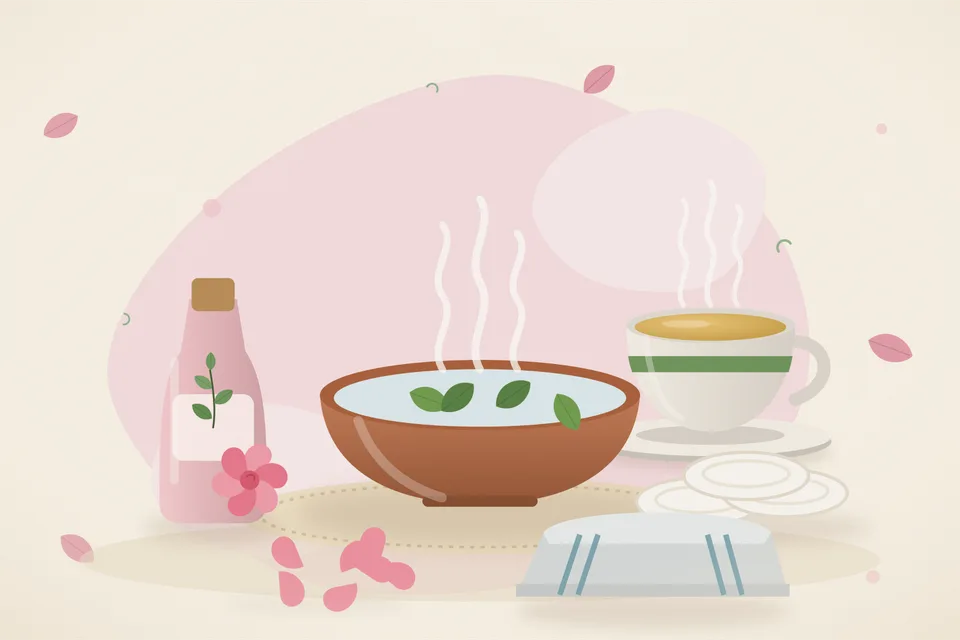 Illustrated still life with rose water, cotton pads, rose petals, a folded cloth.