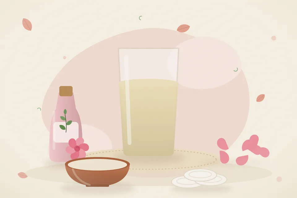 Illustrated still life with rose water, rose petals.