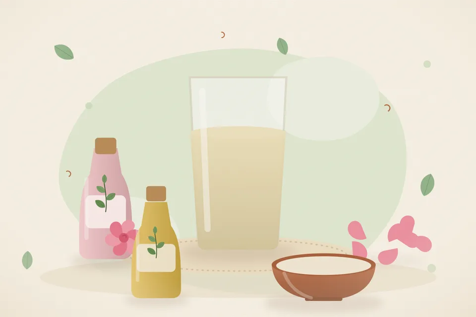 Illustrated still life with rose water, rose petals.