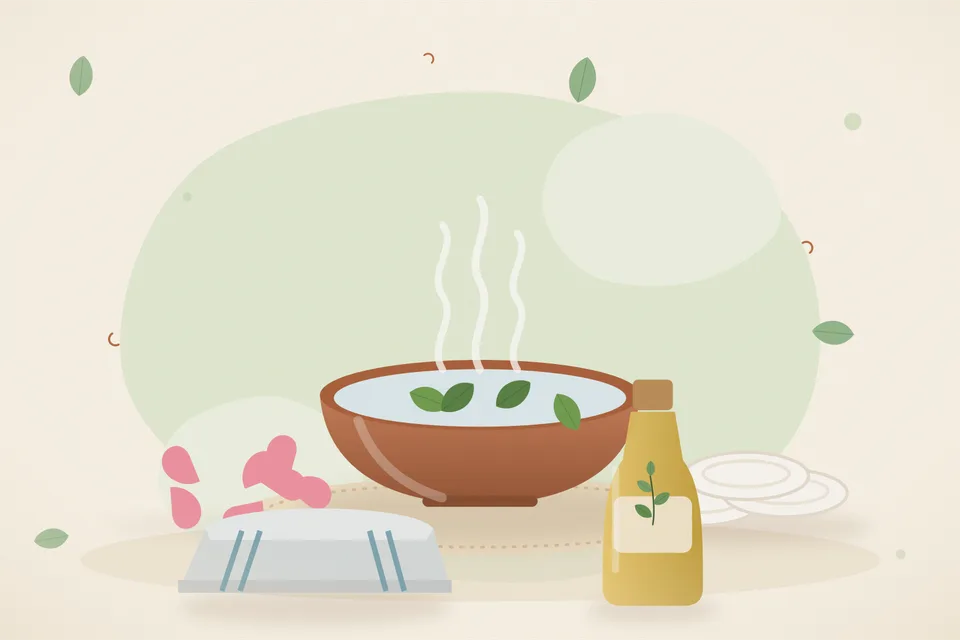 Illustrated still life with rose petals, cotton pads, a folded cloth.