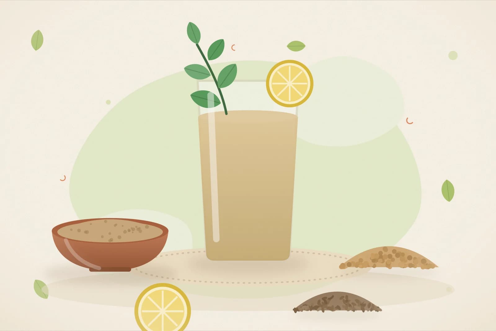 A tall glass of sattu drink with lemon and mint, a bowl of sattu flour, roasted chana and cumin seeds on a lime-green background