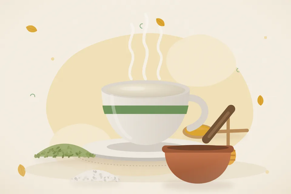 Illustrated still life with fennel seeds, honey, mishri crystals.