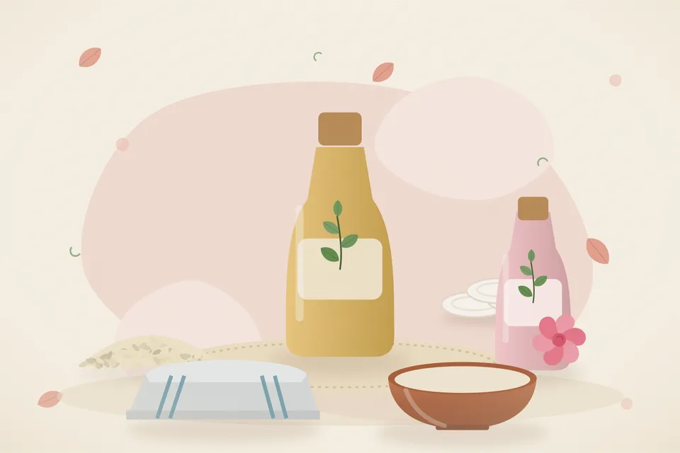Illustrated still life with sesame seeds, rose water, a folded cloth.