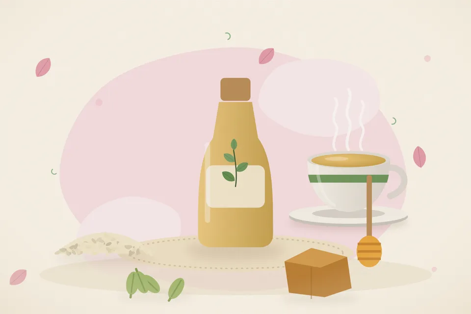 Illustrated still life with sesame seeds, honey, cardamom, jaggery.