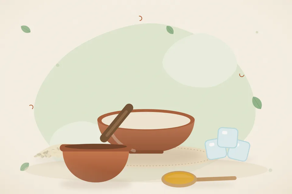 Illustrated still life with sesame seeds, ice.
