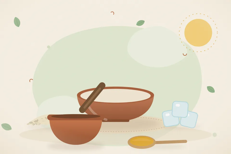 Illustrated still life with sesame seeds, ice.