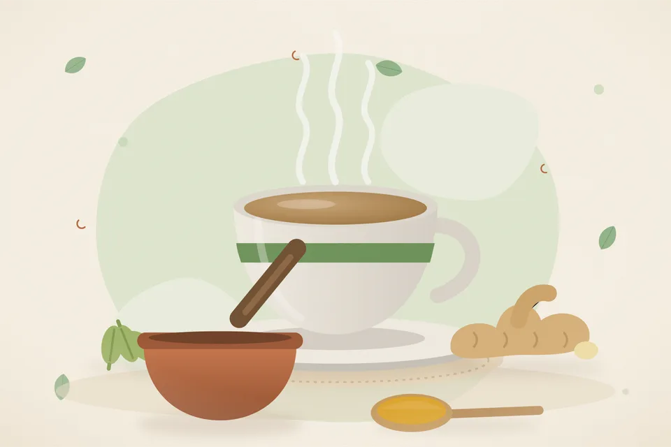 Illustrated still life with cardamom, fresh ginger.